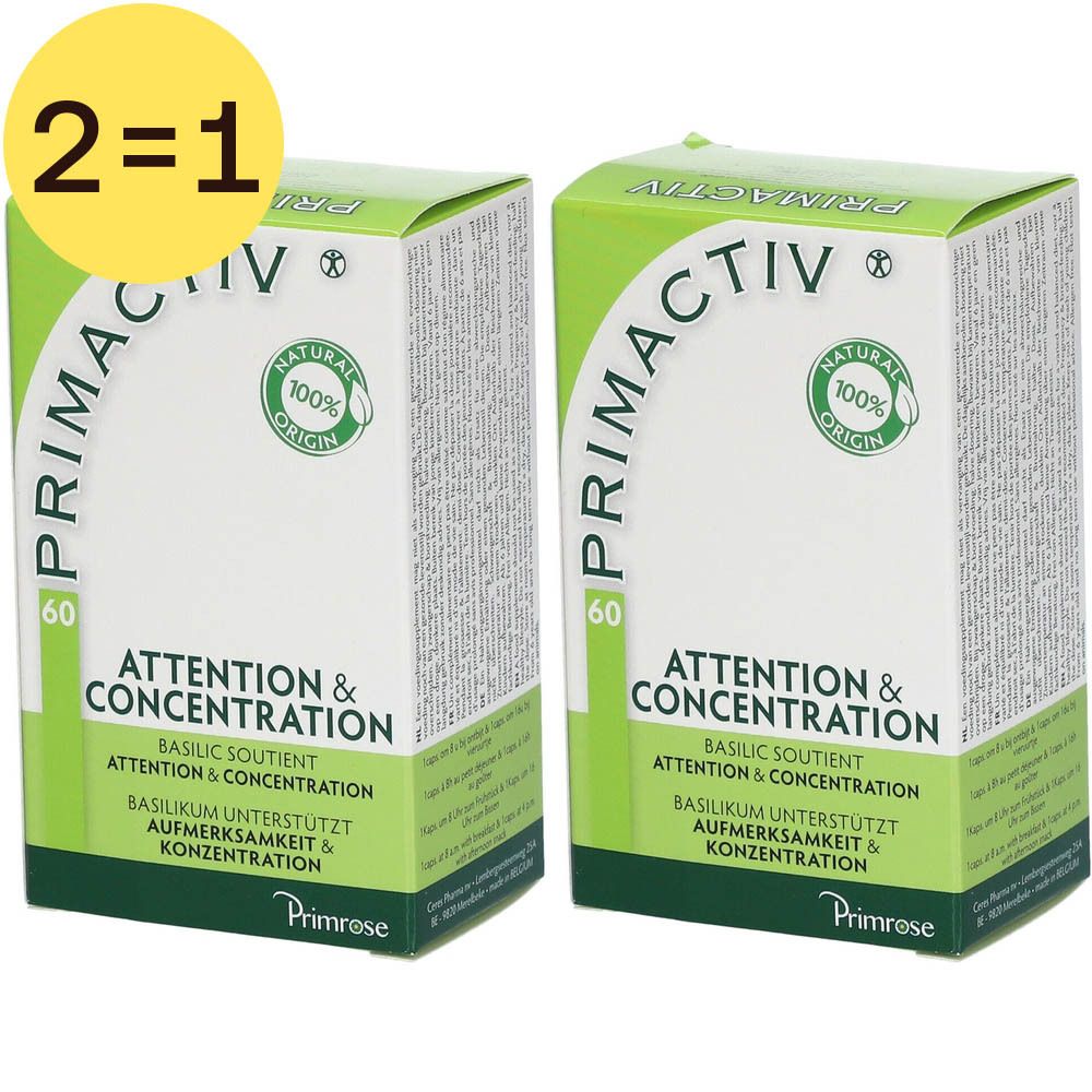 Twee groene dozen Primactiv, met "Attention & Concentration". Sticker 2=1.