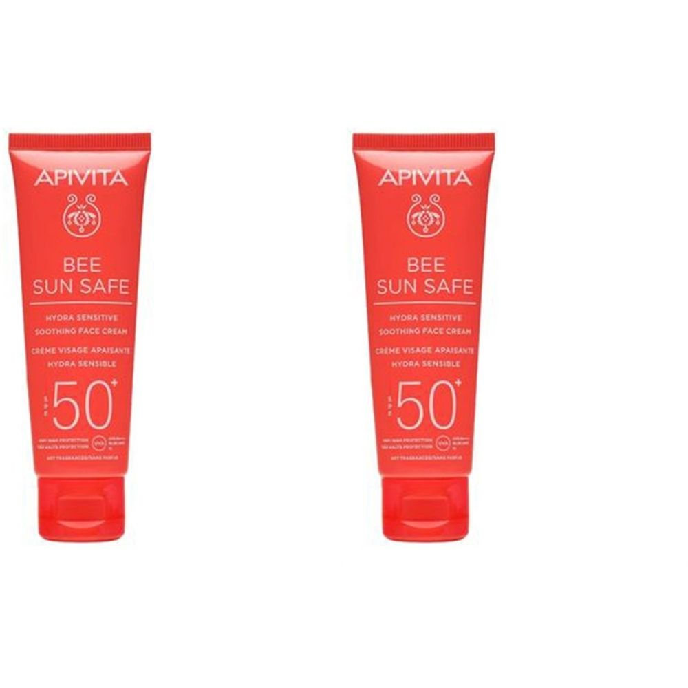Twee rode tubes zonnecrème. Witte tekst: Bee Sun Safe, SPF 50. Verzachtende gezichtscrème.