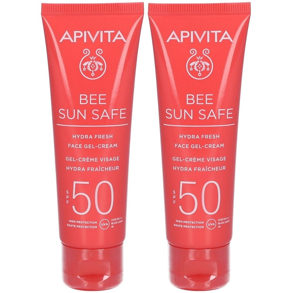 Twee tubes Apivita Bee Sun Safe Gel-Crème Visage Hydra Fraîcheur SPF50. Rode verpakking met witte tekst. SPF 50.