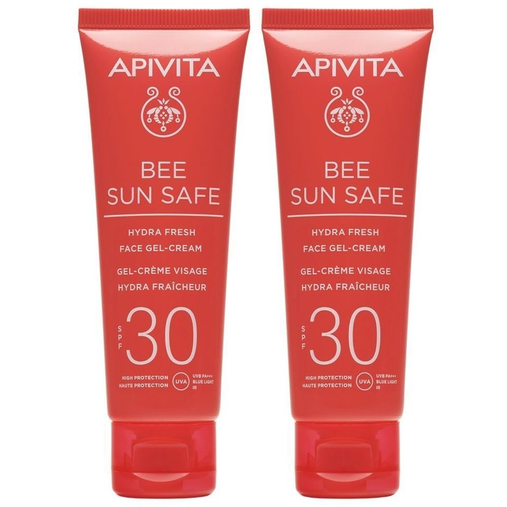 Twee tubes Apivita Bee Sun Safe gel-crème. Rode verpakking met witte tekst. SPF 30.