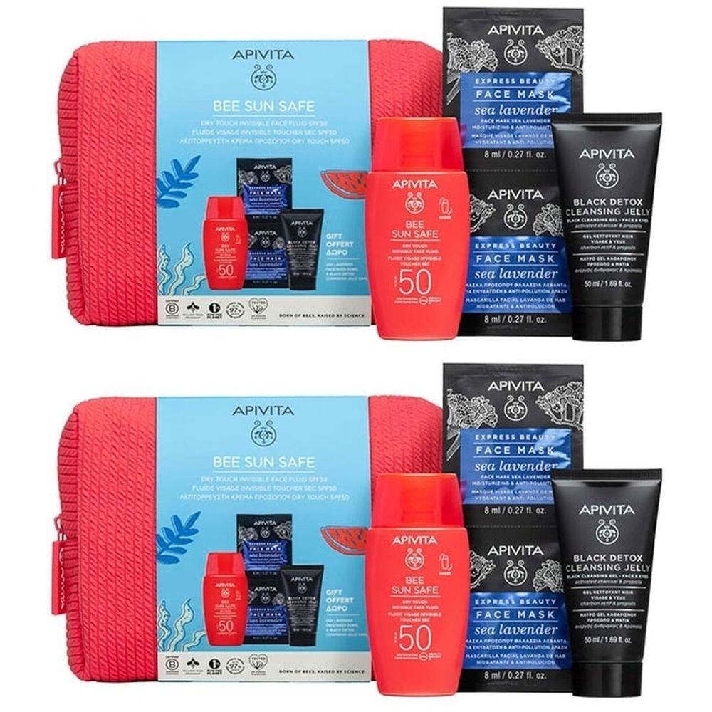 Coffret cadeau avec trousse rouge, crème solaire, masques faciaux et gel nettoyant. Marque : APIVITA. Inscription : BEE SUN SAFE.