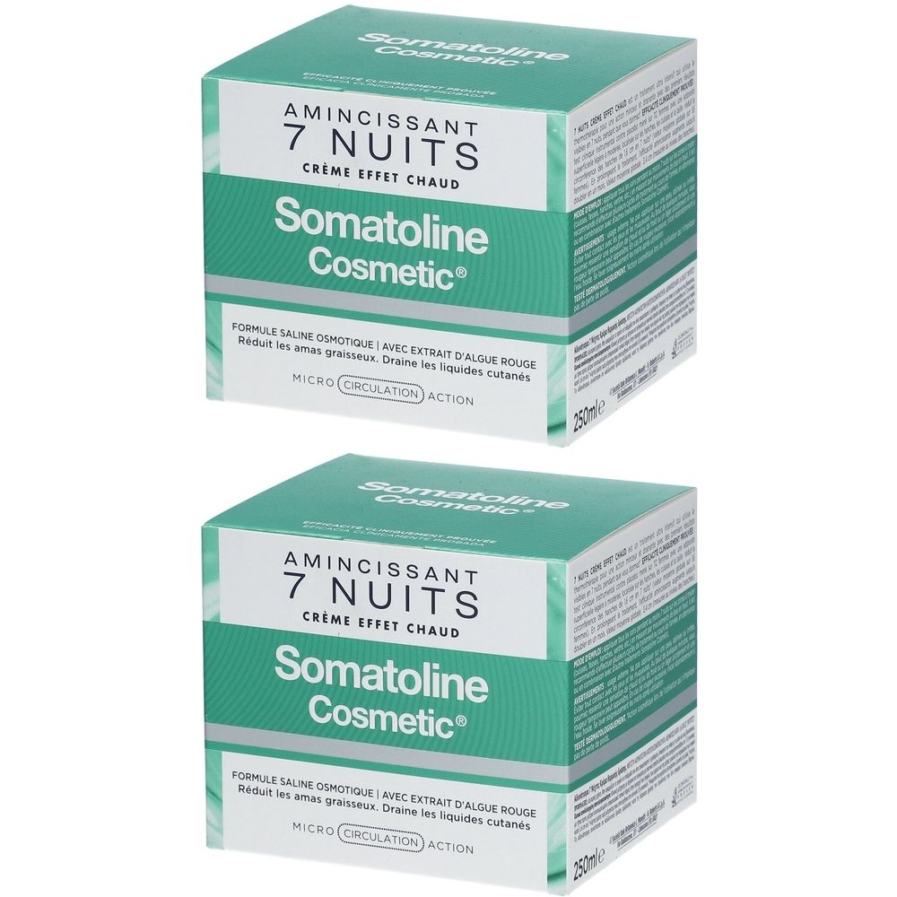 Twee vierkante dozen met Somatoline Cosmetic. Opschrift: Amincissant 7 Nuits Crème Effet Chaud. Groen en wit.