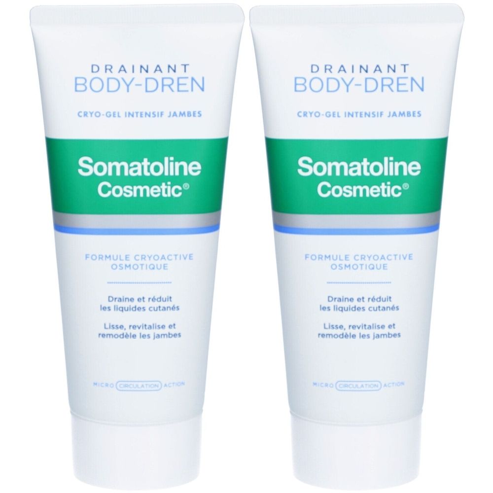 Deux tubes blancs avec texte vert et bleu. Inscription: Somatoline Cosmetic, Drainant Body-Dren, Cryo-Gel Intensif Jambes.