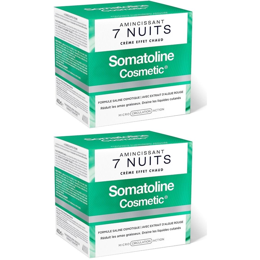 Deux boîtes vertes. Inscription: Somatoline Cosmetic, 7 Nuits, Crème Effet Chaud. Texte: Formule Saline Osmotique.