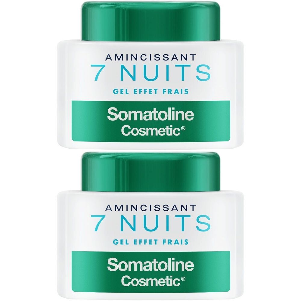 Deux pots blancs avec couvercles verts. Inscription: 7 NUITS, Somatoline Cosmetic.