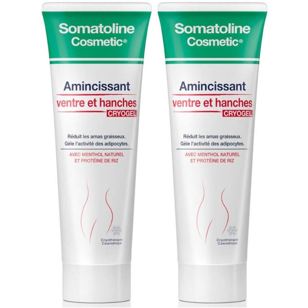Deux tubes de Somatoline Cosmetic Cryogel. Blancs, avec texte vert et rouge. Inscription : Amincissant ventre et hanches.