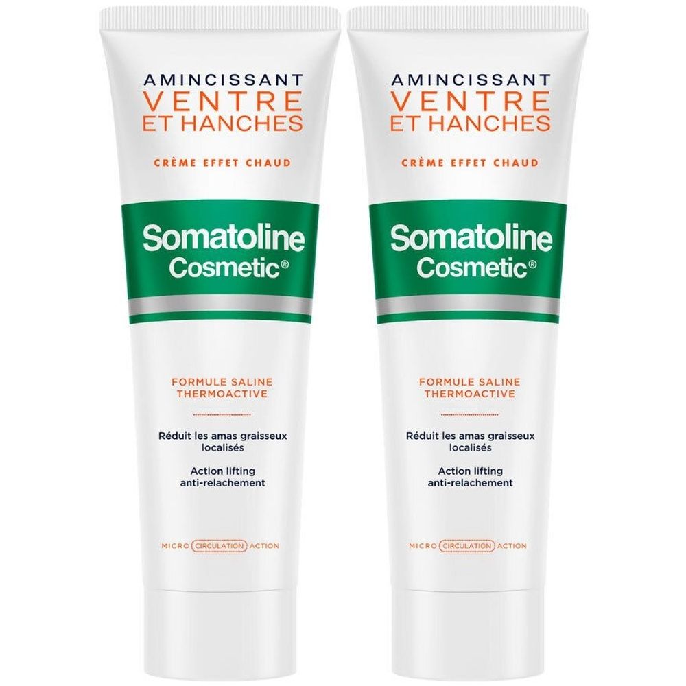 Deux tubes de crème. Inscription : AMINCISSANT VENTRE ET HANCHES, Somatoline Cosmetic. Emballage vert et blanc.