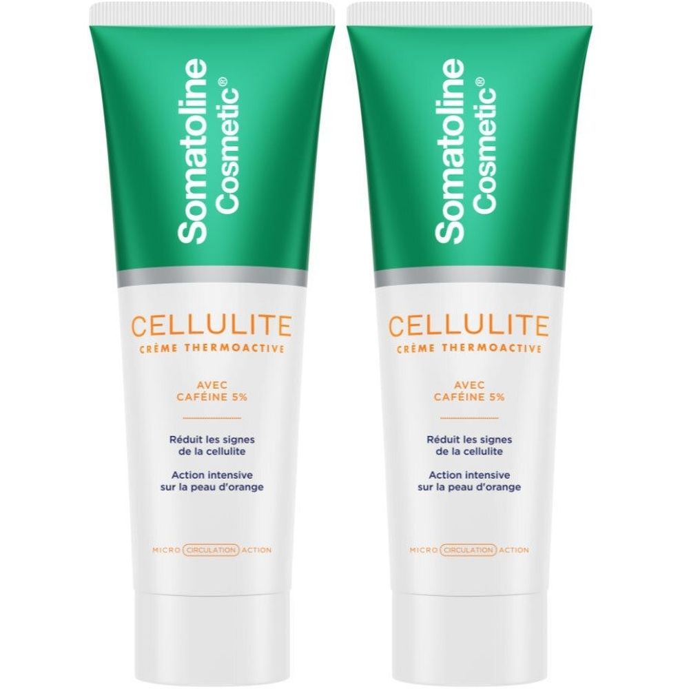 Twee tubes crème. Opschrift: Somatoline Cosmetic, Cellulite Crème Thermoactive, met cafeïne 5%. Groen en wit.