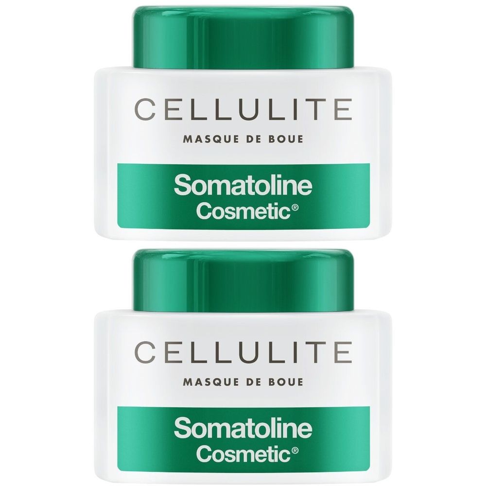 Deux pots blancs avec couvercles verts. Inscription CELLULITE, MASQUE DE BOUE et Somatoline Cosmetic.