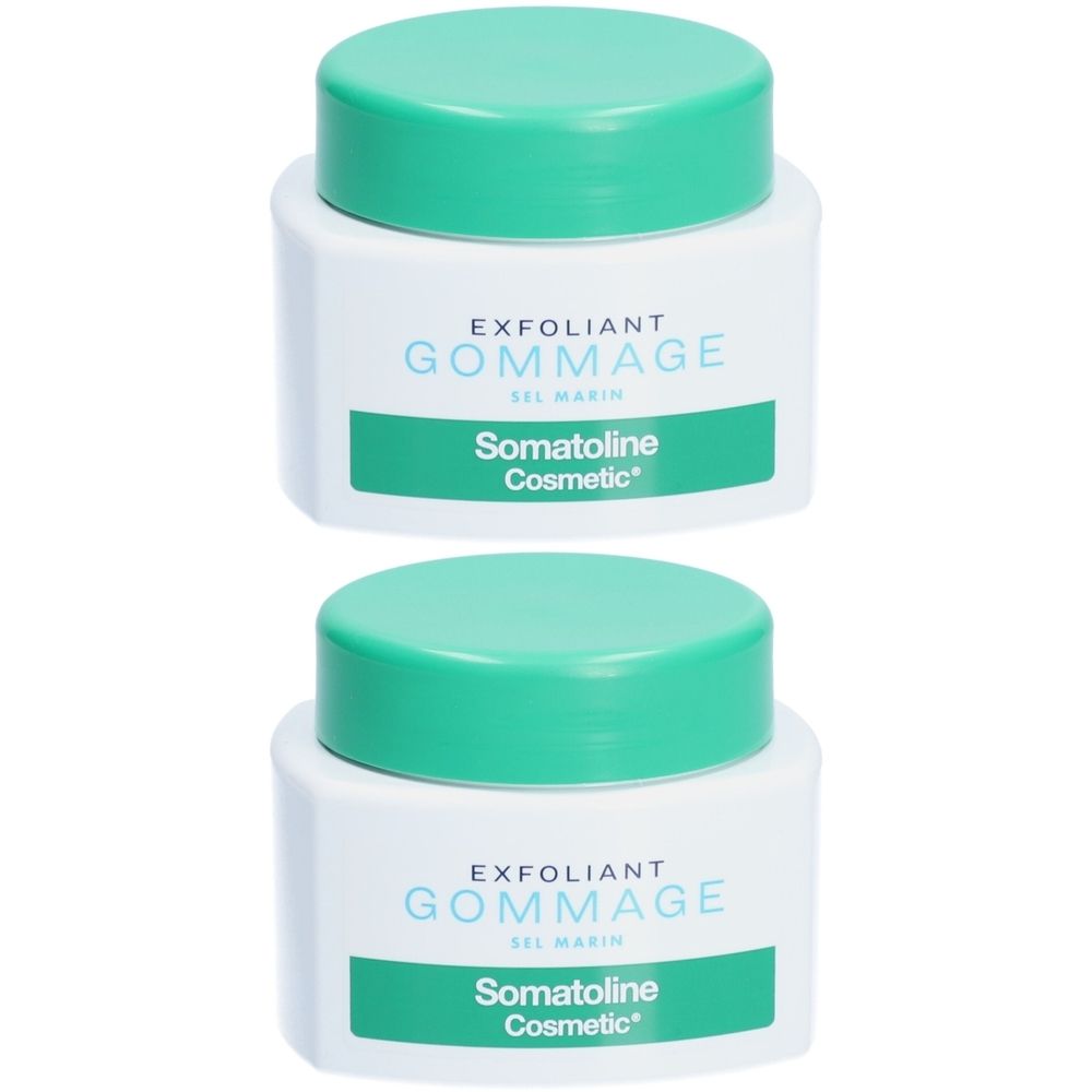 Deux pots de Somatoline Cosmetic Gommage Sel Marin. Récipients blancs avec couvercles et étiquettes verts. Texte: EXFOLIANT GOMMAGE SEL MARIN.