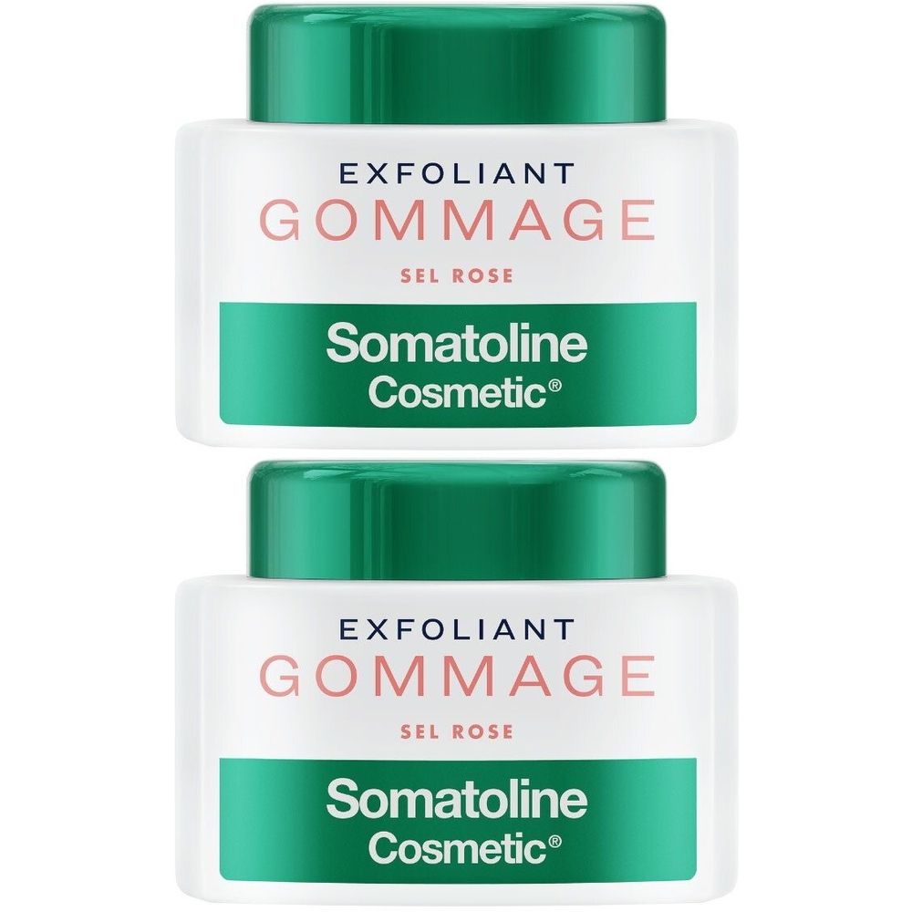 Twee witte potten met groene deksels. Opschrift: EXFOLIANT GOMMAGE SEL ROSE. Daaronder: Somatoline Cosmetic®.