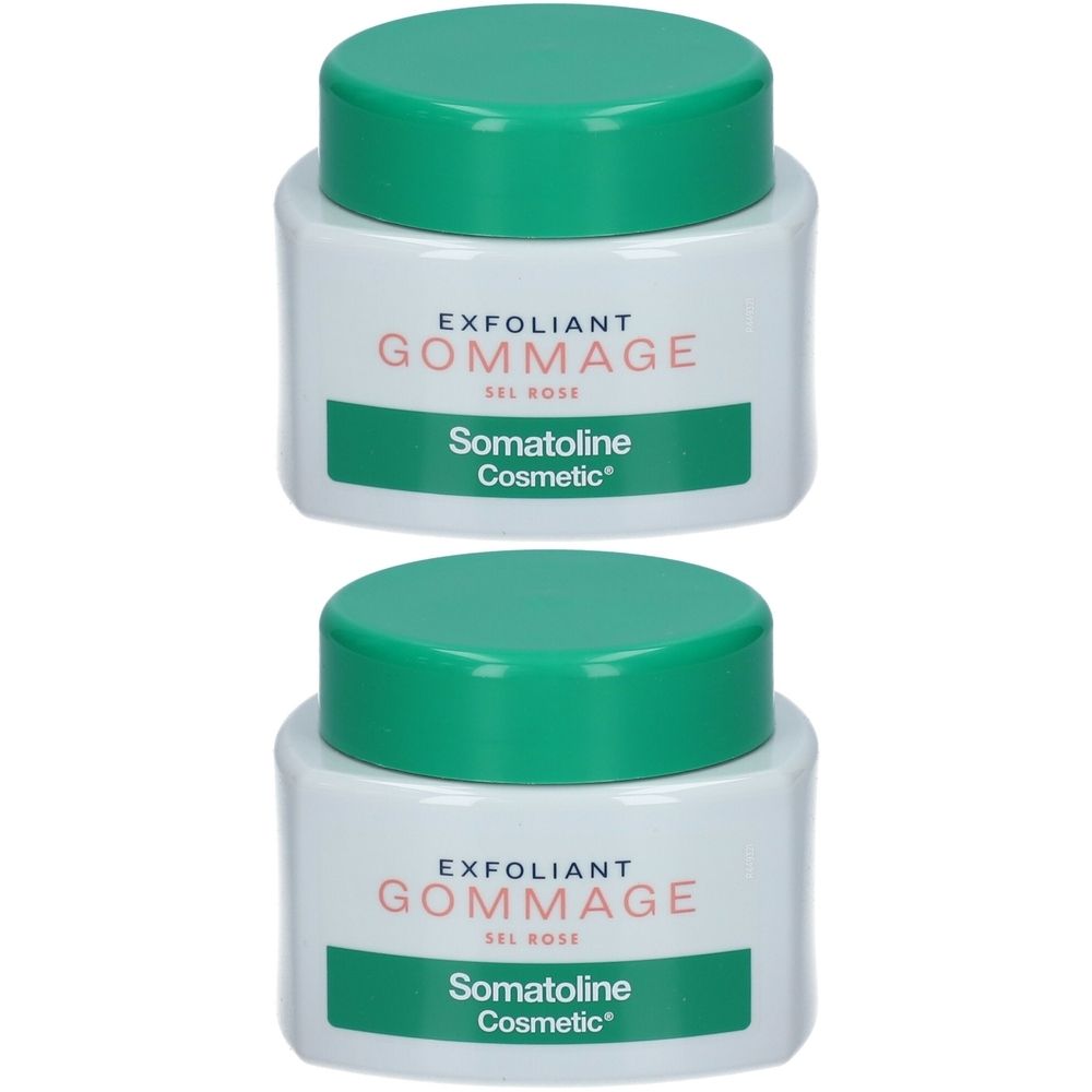 Twee potten Somatoline Cosmetic® Gommage Sel Rose. Witte potten met groene deksels. Opschrift: EXFOLIANT GOMMAGE, Sel Rose.