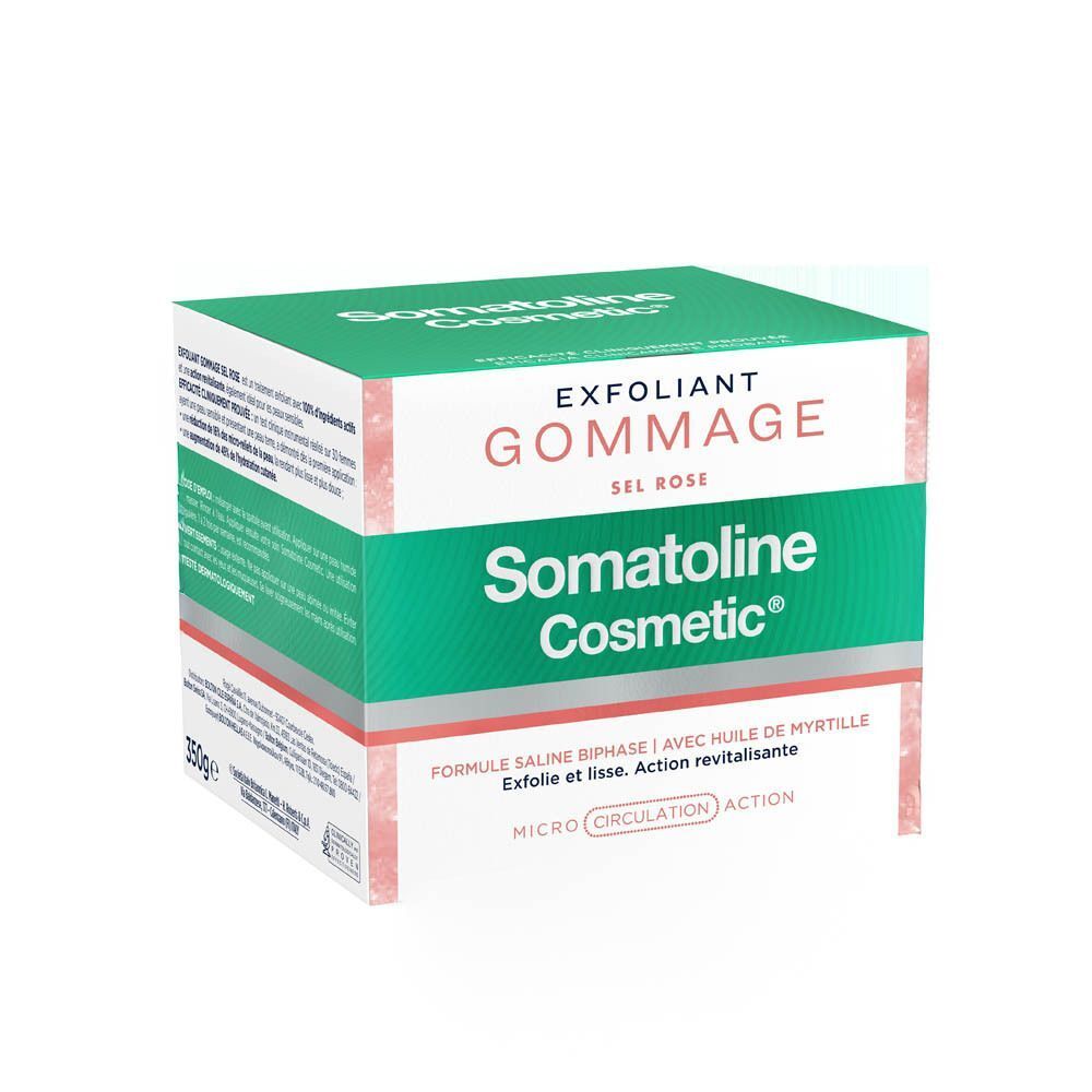Verpakking met productnaam: EXFOLIANT GOMMAGE SEL ROSE. Daaronder: Somatoline Cosmetic. Groene en witte verpakking.