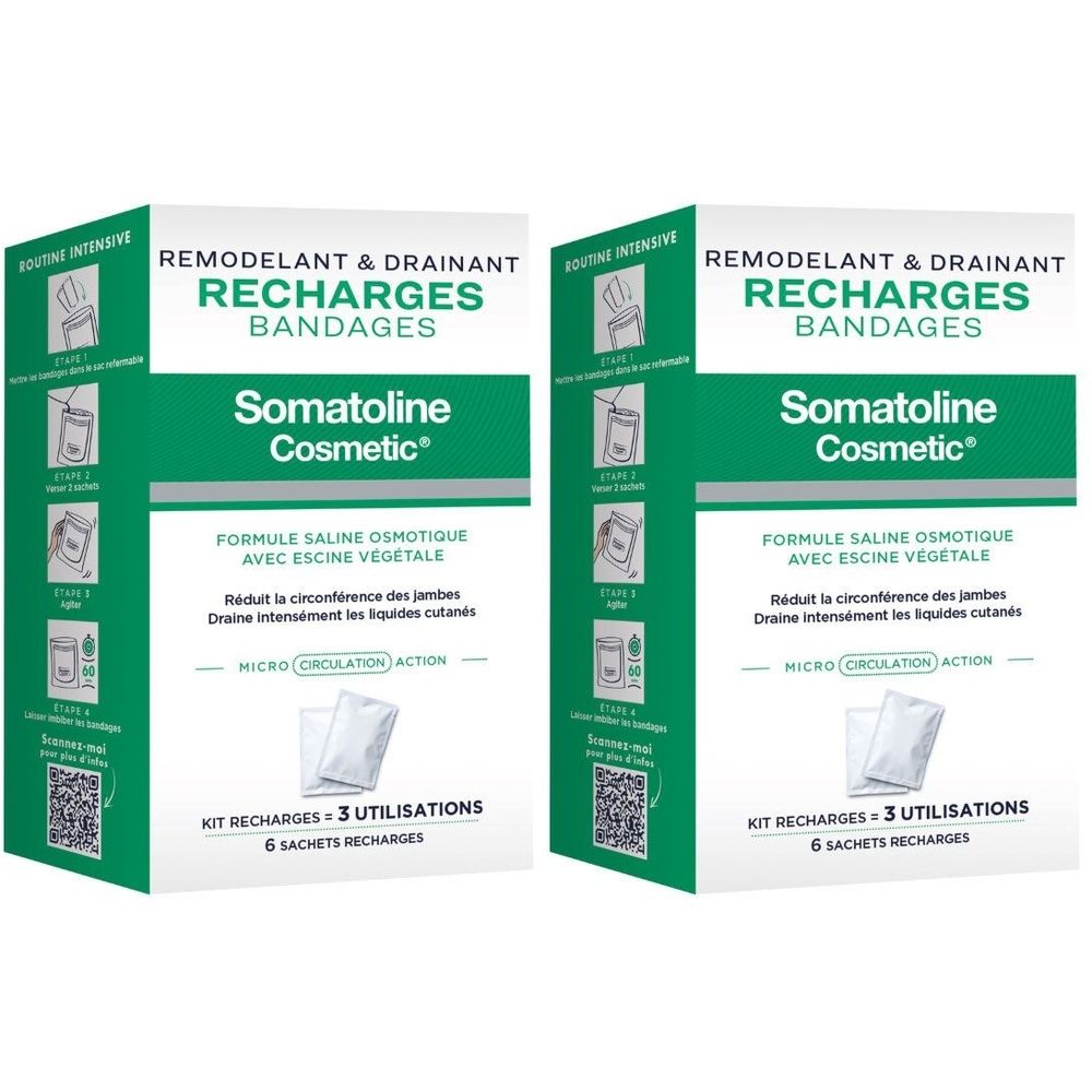 Twee dozen "RECHARGES BANDAGES" van Somatoline Cosmetic. Witte zakjes afgebeeld.