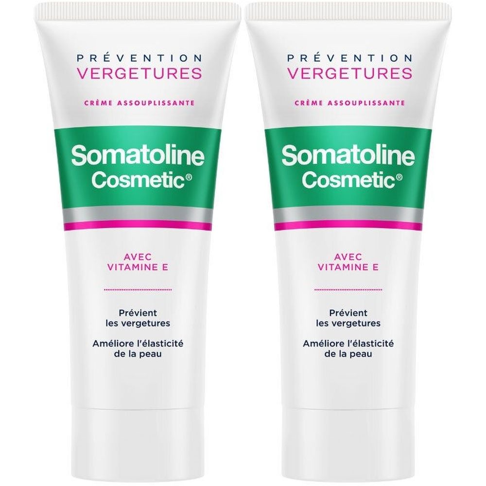 Deux tubes de Somatoline Cosmetic® Prévention Vergetures. Tubes blancs avec accents verts et roses. Texte : Prévention Vergetures.
