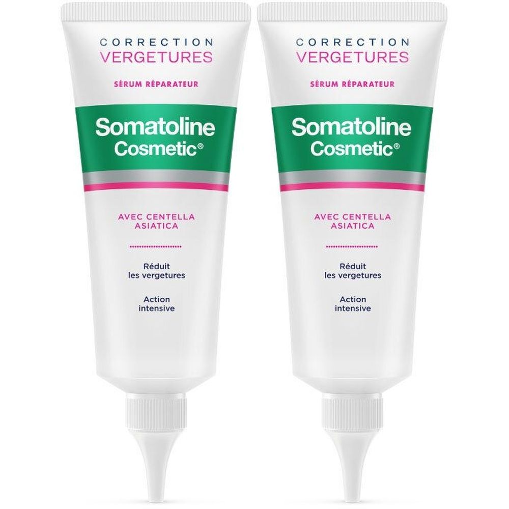 Twee tubes Somatoline Cosmetic® serum. Wit, met groene en roze accenten. Tekst: Correction Vergetures, Sérum Réparateur.
