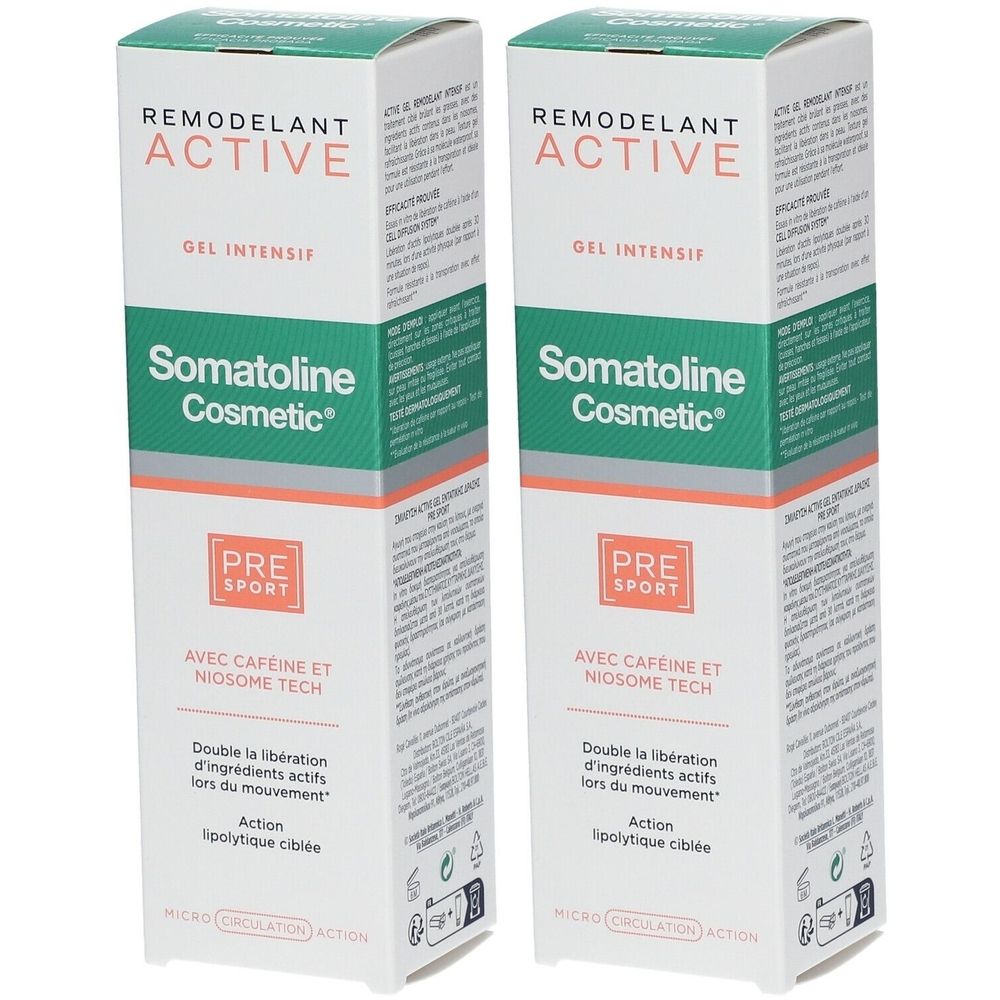 Twee rechthoekige dozen met "Somatoline Cosmetic PRE Sport". Tekst: "REMODELANT ACTIVE", "GEL INTENSIF", "AVEC CAFEINE ET NIOSOME TECH".