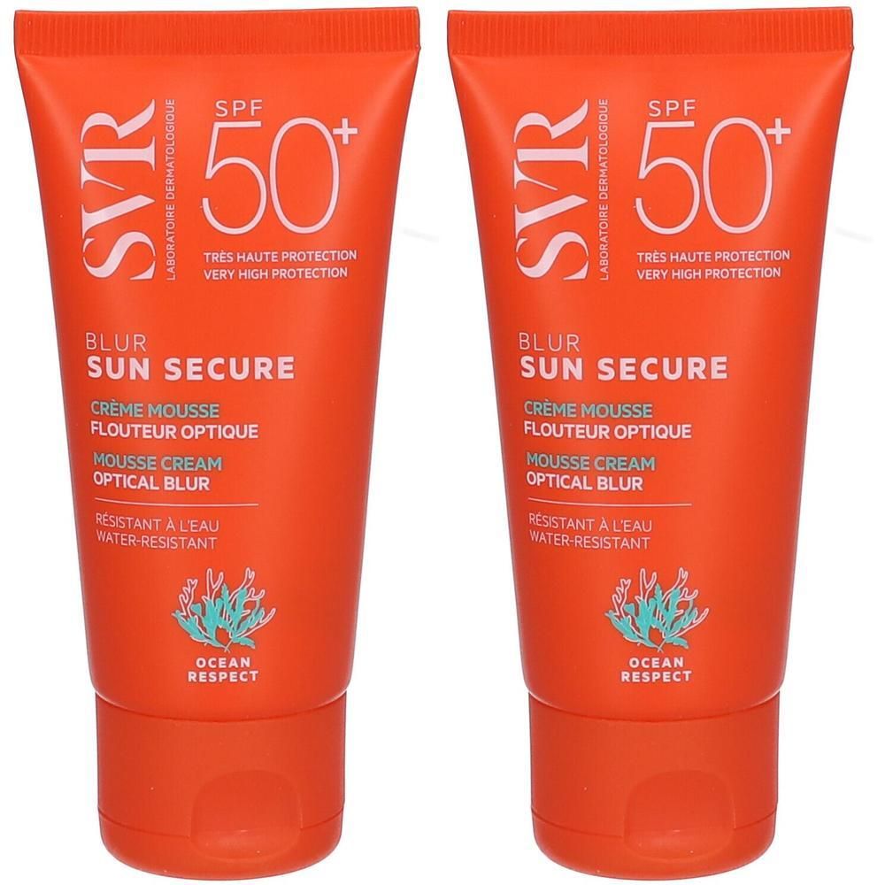 Twee tubes SVR Sun Secure Blur LSF50+ zonnebrandcrème. Oranje verpakking met witte tekst. Bevat SPF 50+ en is waterbestendig.