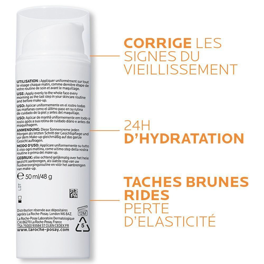 Arrière d'un flacon La Roche-Posay Anthelios Age Correct SPF50 avec instructions.