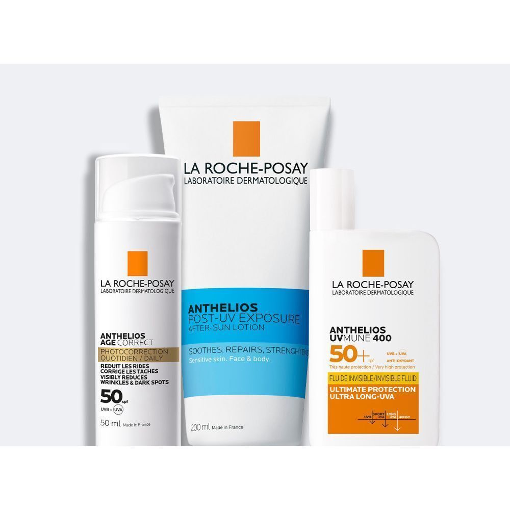 Trois produits La Roche-Posay : Age Correct, Post-UV Exposure et UVmune 400.