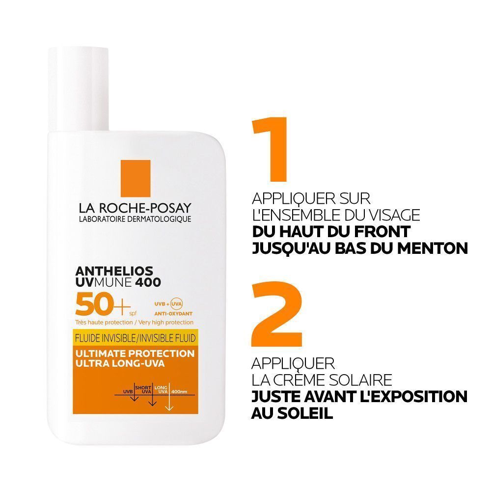 La Roche-Posay Anthelios, crème solaire avec instructions d'application en deux étapes.