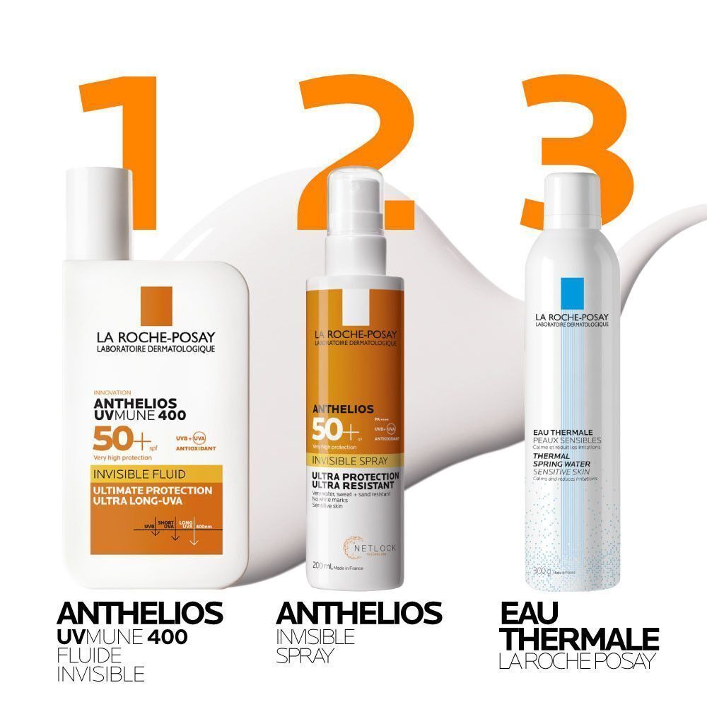 Trois produits La Roche-Posay : fluide solaire Anthelios, spray solaire et eau thermale.