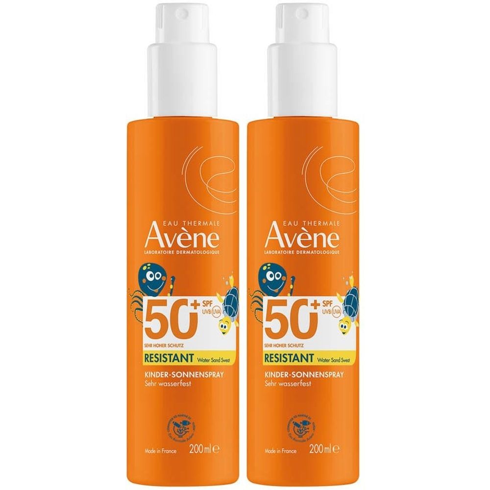 Twee oranje zonnebrandsprays voor kinderen van Avène. Met SPF 50+ en het woord "RESISTANT". Inhoud 200 ml.