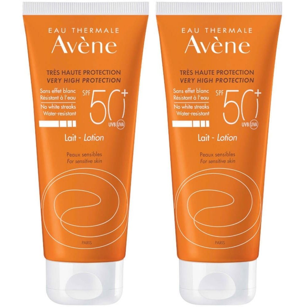 Deux tubes de crème solaire. Tubes orange avec bouchon blanc. Inscription: Avène, SPF 50+, Lait-Lotion, pour peaux sensibles.