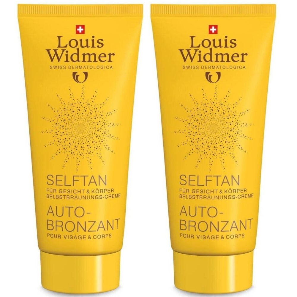 Twee gele tubes Louis Widmer zelfbruinende crème. Opschrift: SELFTAN, Auto-Bronzant. Zwitsers kruis.