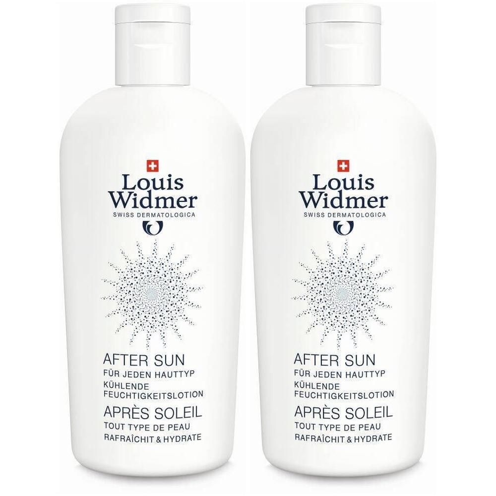 Deux flacons blancs avec bouchons blancs. Inscription: Louis Widmer, After Sun, Après Soleil. Lotion hydratante rafraîchissante.