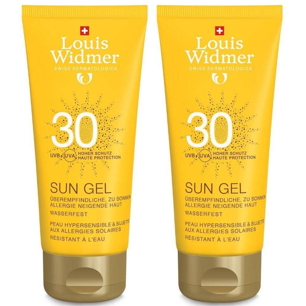 Twee gele tubes Louis Widmer Sun Gel SPF30 met 1+1 sticker. Opschrift: Sun Gel, 30, hoge bescherming, voor de zon-allergische huid. Waterbestendig.