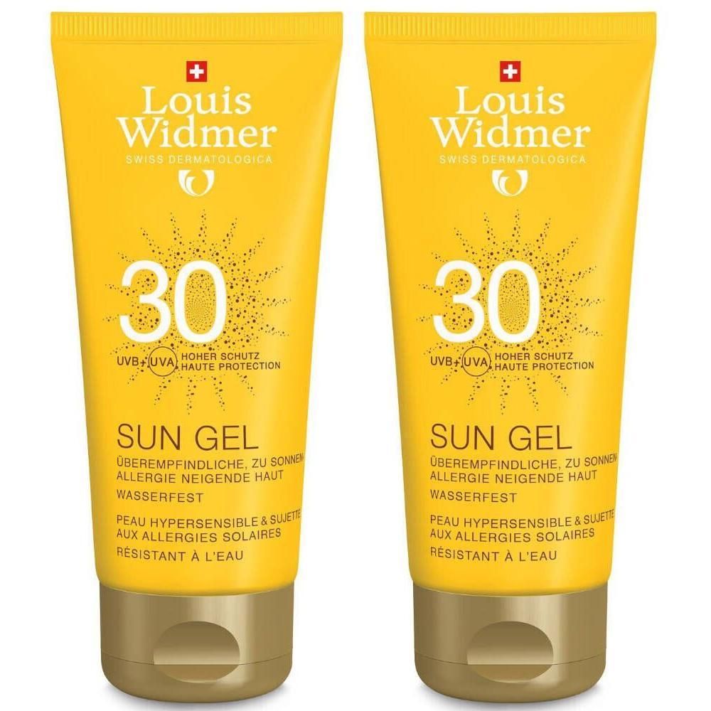 Twee gele tubes met rood kruislogo. Opschrift: Sun Gel, SPF 30, voor de zon gevoelige huid. Waterbestendig.