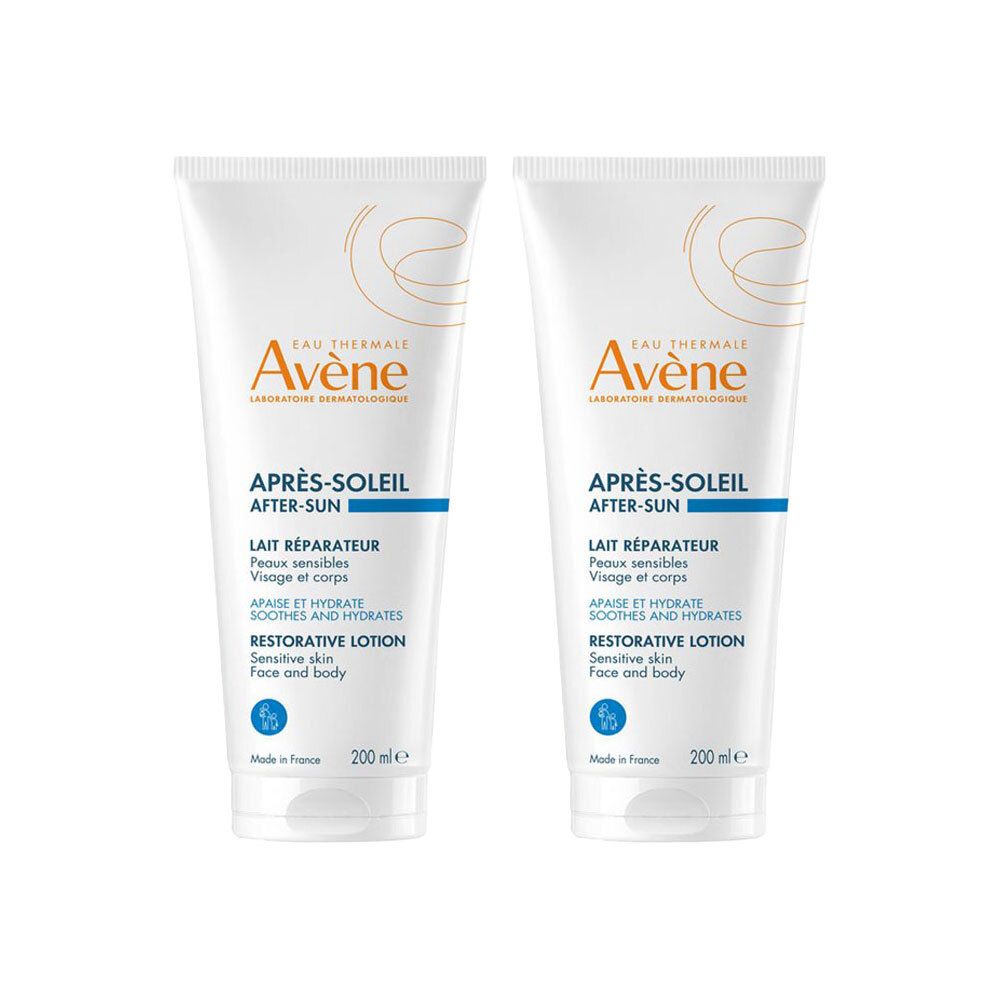 Deux tubes blancs avec texte. Marque Avène, Après-Soleil, Lait Réparateur, Restorative Lotion. Pour peaux sensibles, visage et corps.
