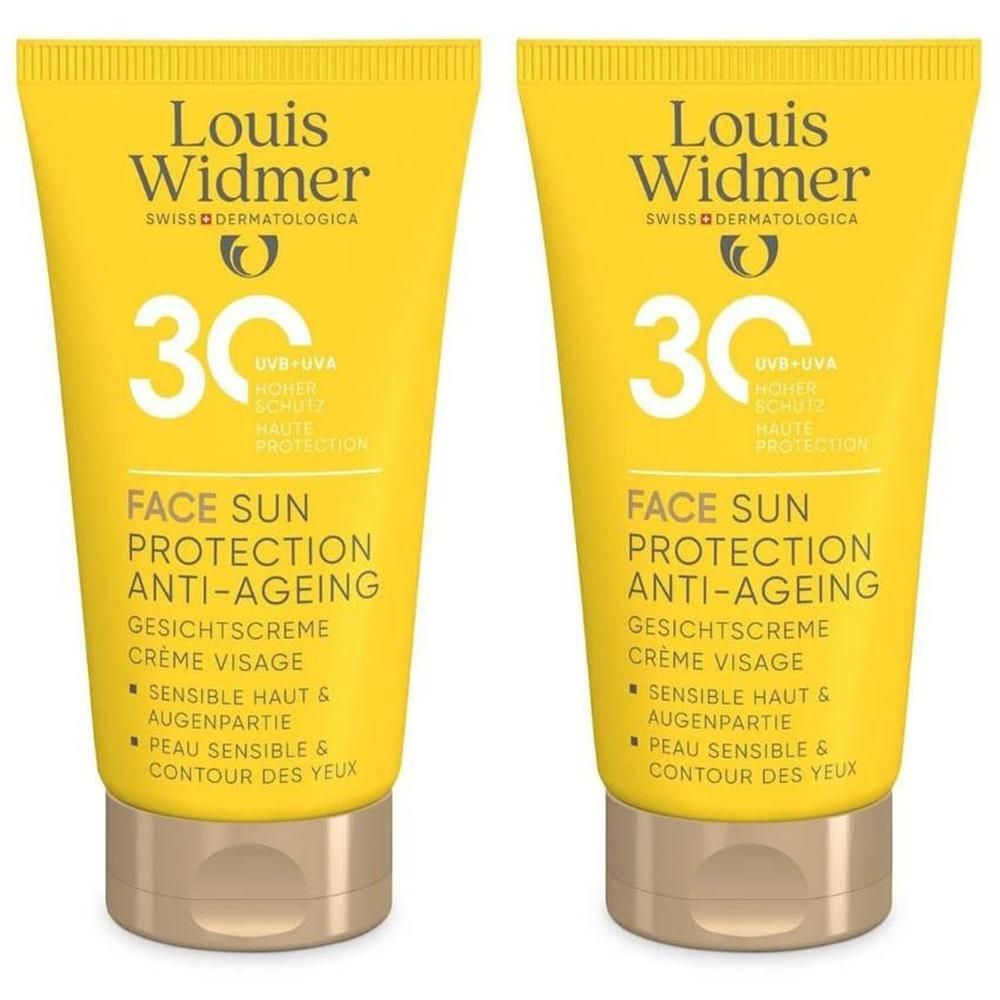 Twee tubes Louis Widmer Gezichtszonnebrand Anti-Aging SPF30.