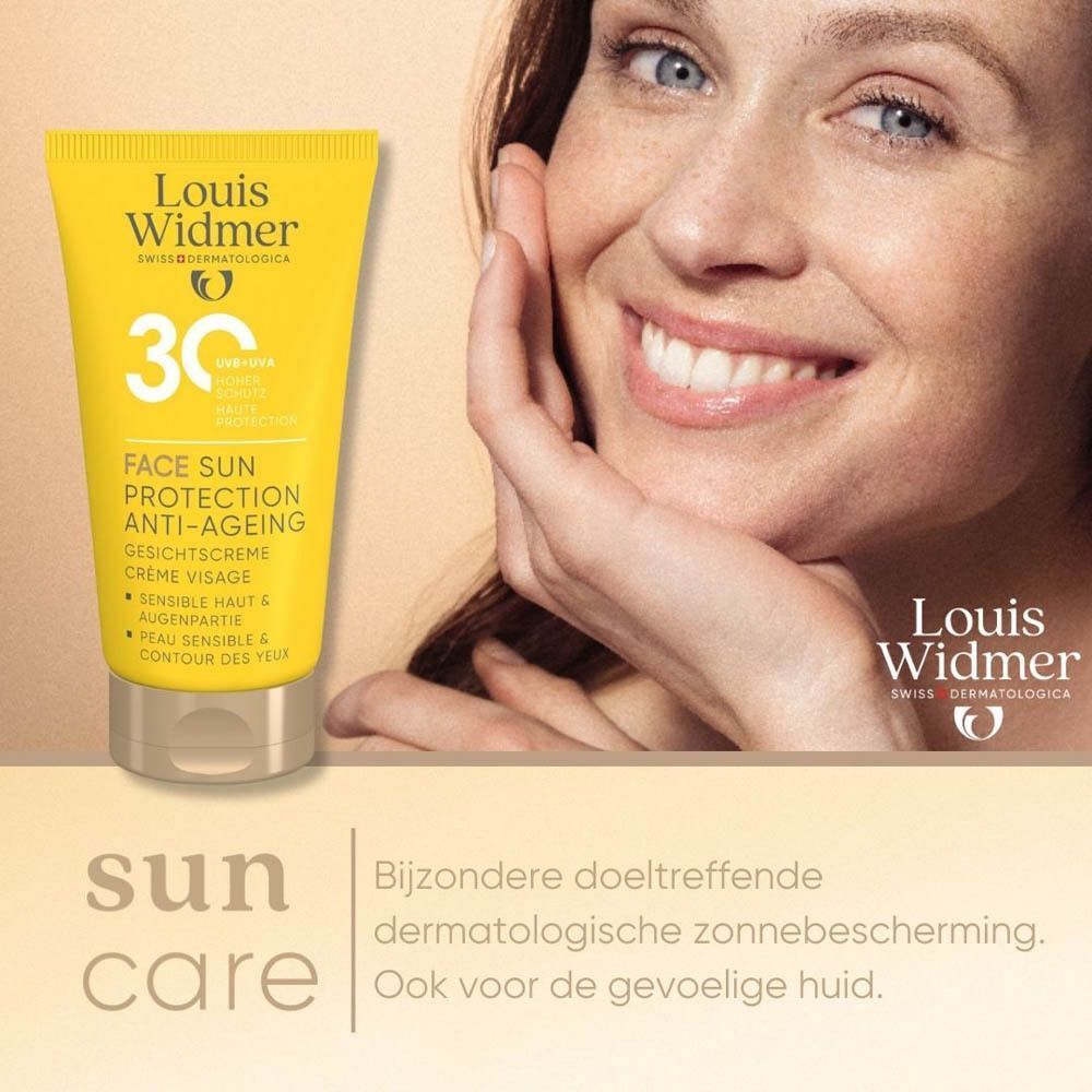 Louis Widmer Gezichtszonnebrand Anti-Aging SPF30 met vrouw en product.