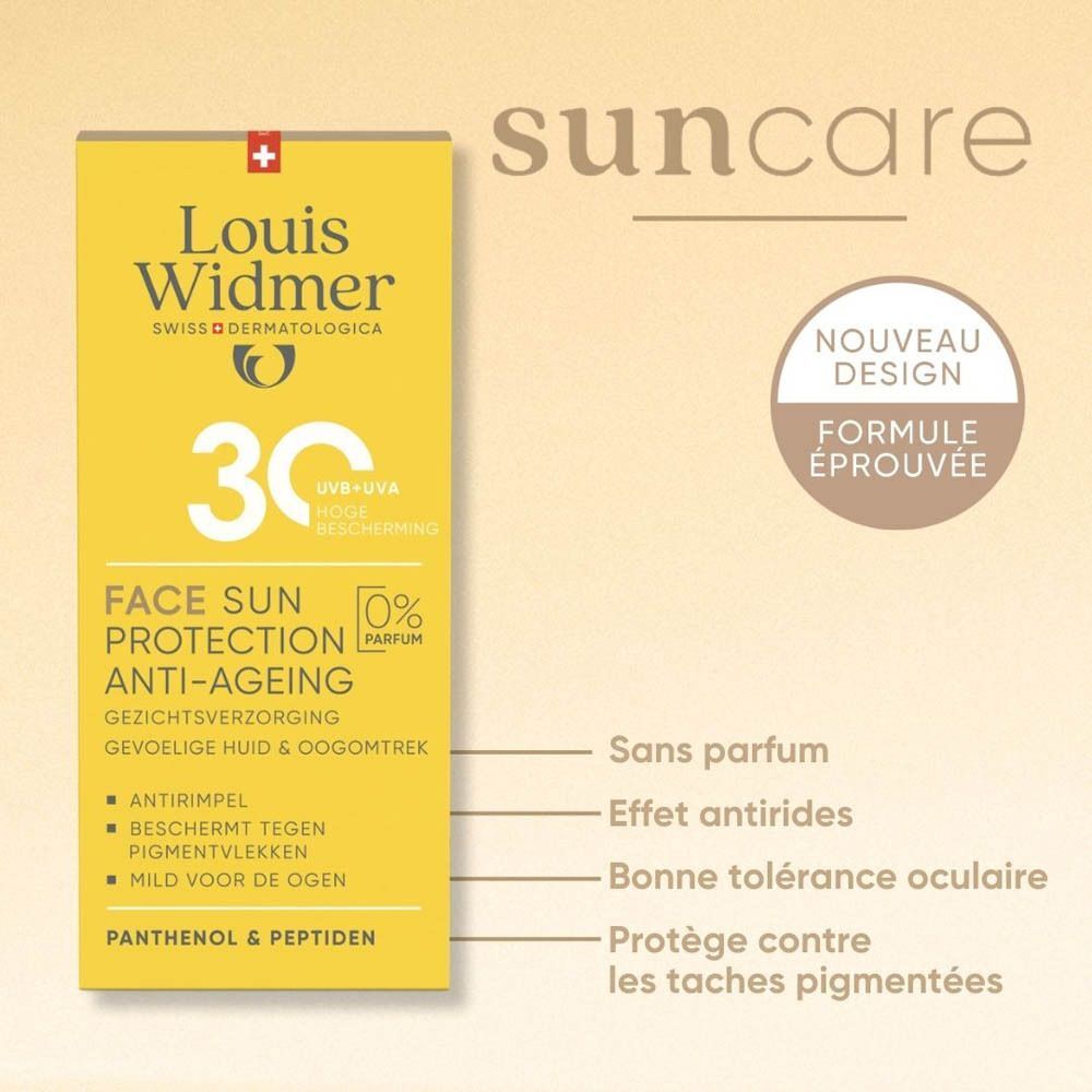 Emballage Louis Widmer protection solaire visage Anti-Aging SPF30, "Nouveau Design".