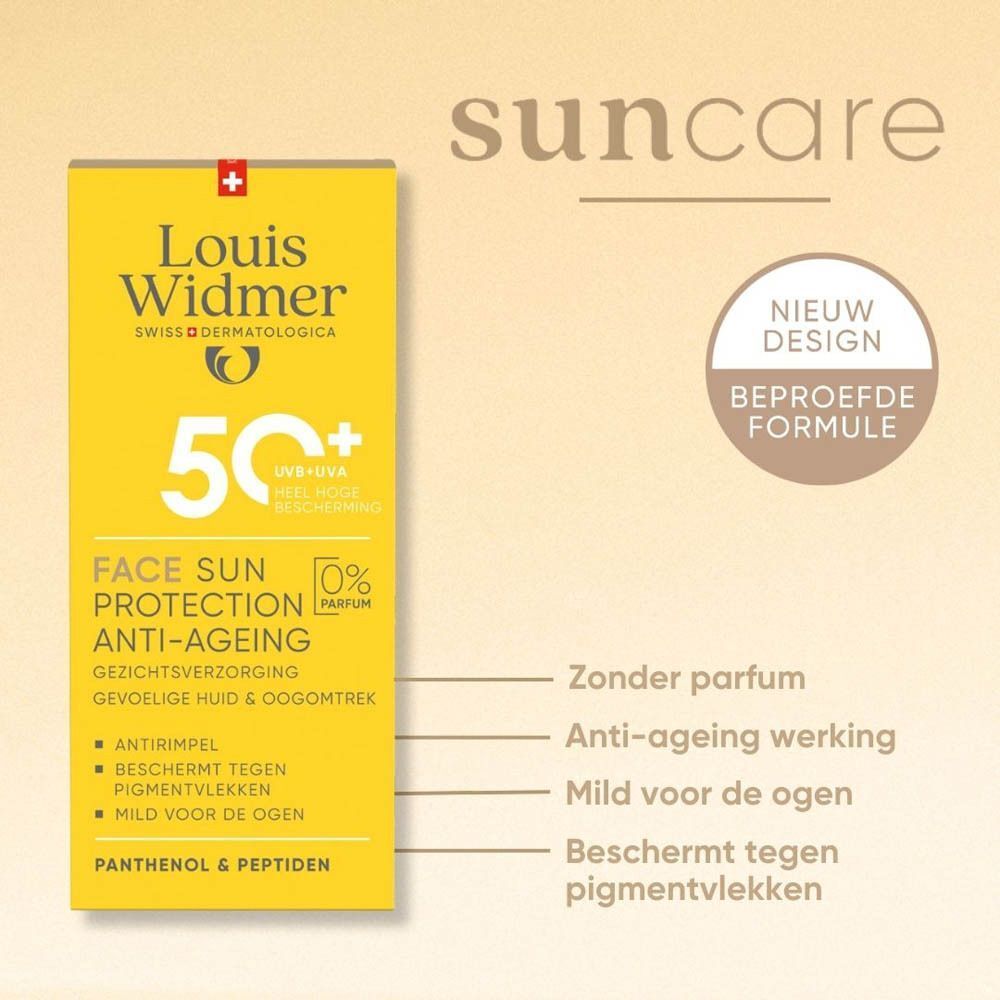 Verpakking Louis Widmer Gezichtszonnebrand Anti-Aging SPF30, "Nieuw Design".