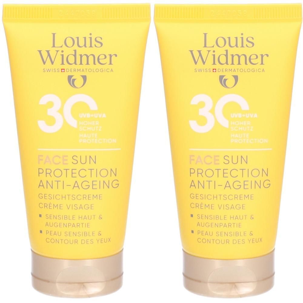 Deux tubes jaunes avec texte. Inscription: Louis Widmer, Face Sun Protection Anti-Ageing, SPF30.
