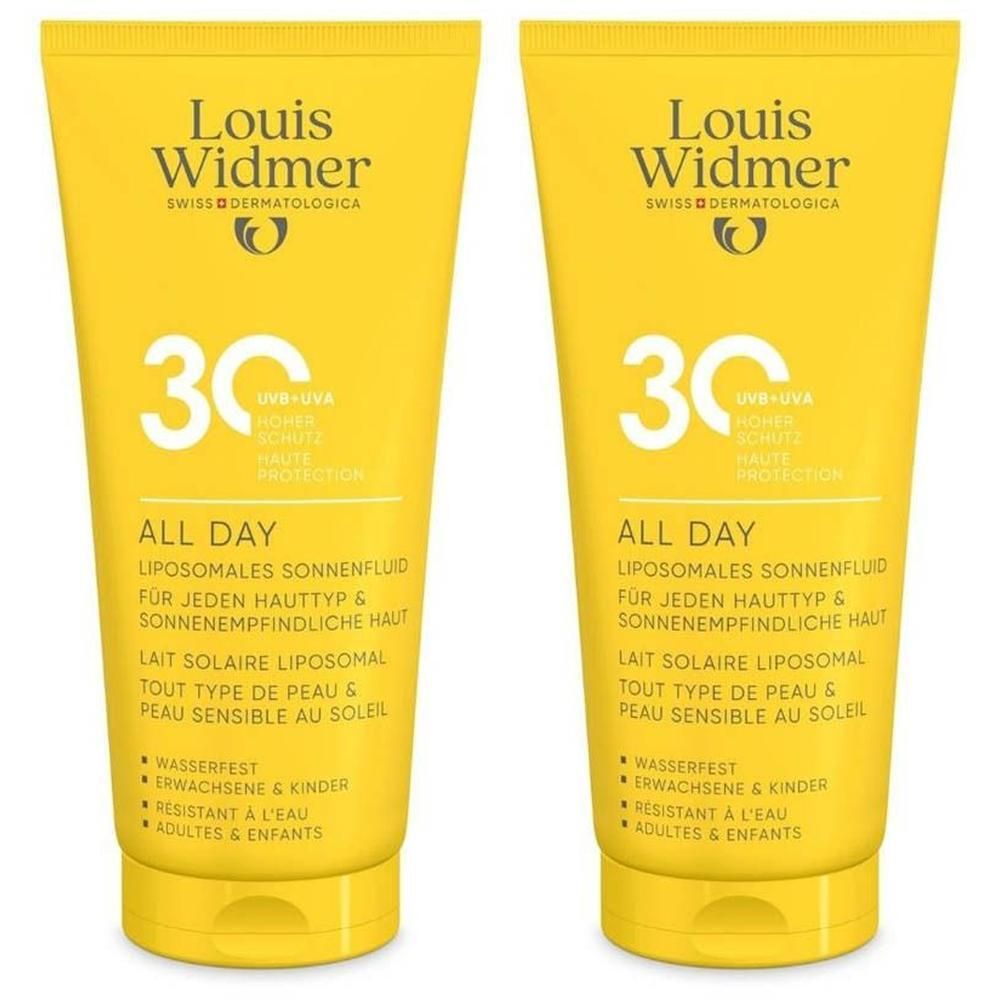Twee gele tubes Louis Widmer All Day SPF 30 zonnefluïde.