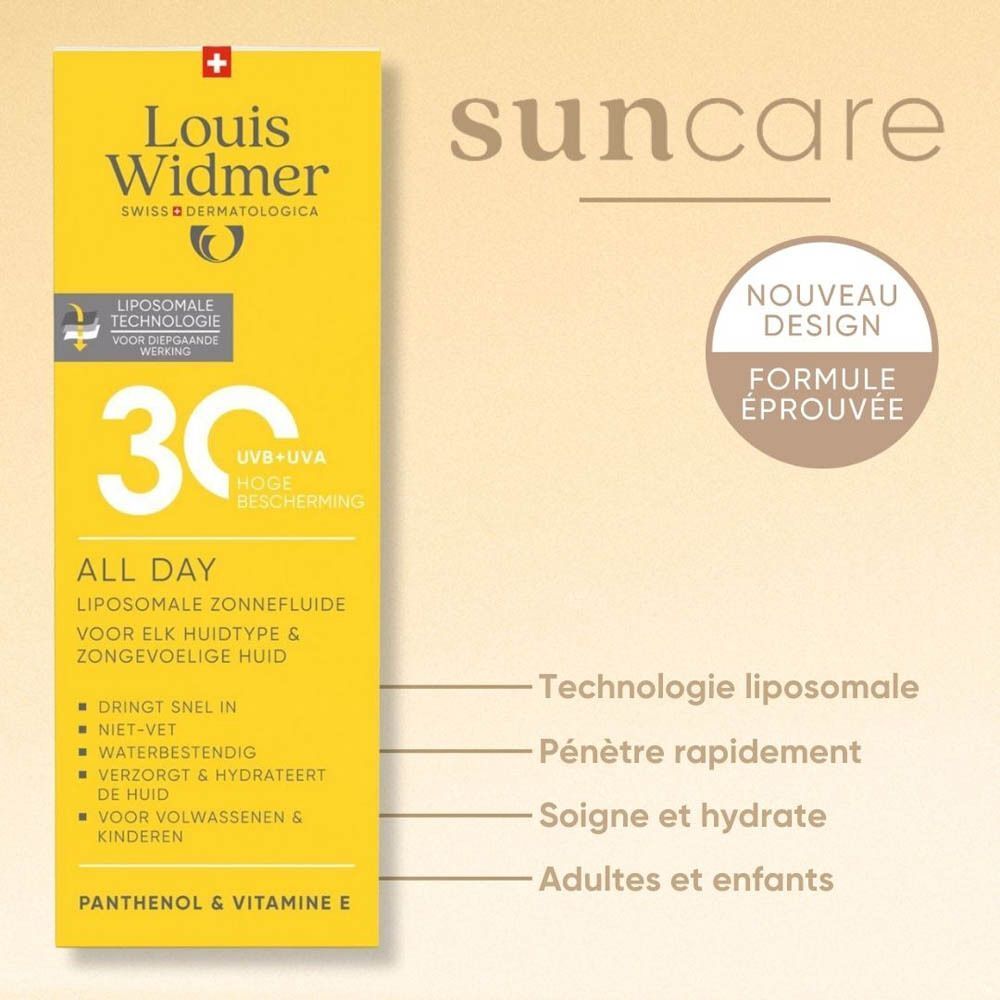 Crème solaire Louis Widmer All Day SPF30 avec "Nouveau Design" et "Formule éprouvée".