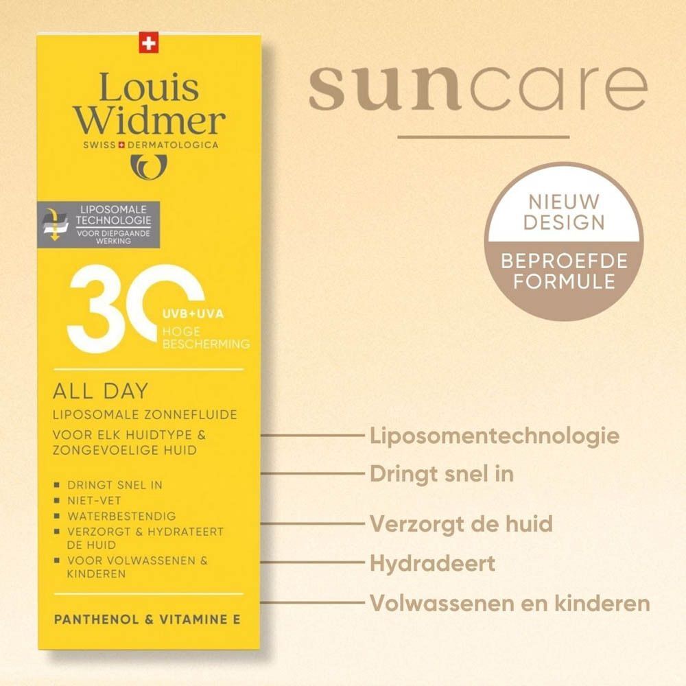 Louis Widmer All Day SPF 30 zonnefluïde met tekst.