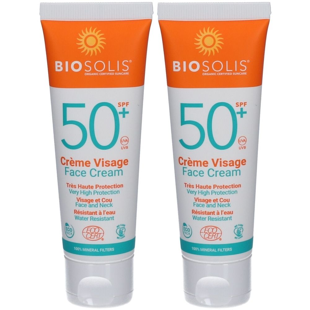 Deux tubes de crème solaire Biosolis Gelaat SPF50+. Emballage orange et blanc. Inscription : Crème Visage Face Cream, 50+ SPF, Ecocert.