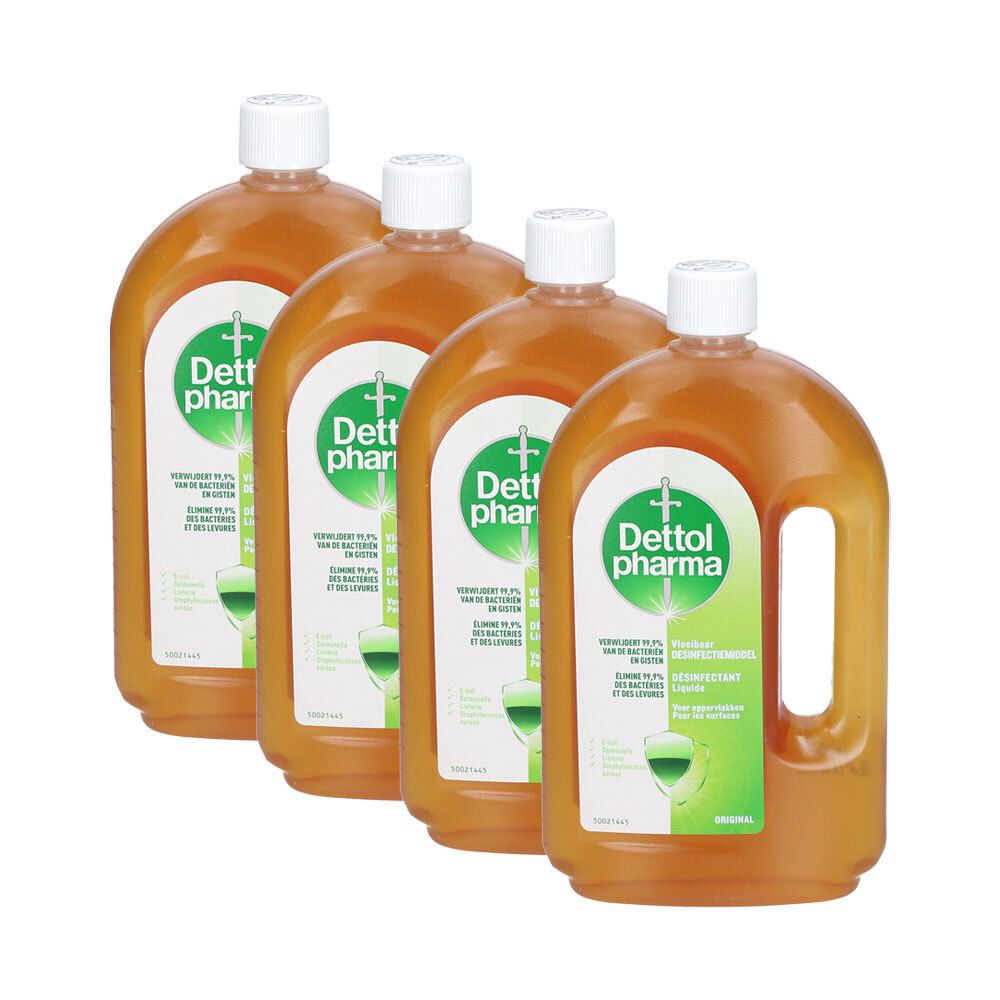 Vier flessen Dettol Pharma Désinfectant Liquide. Bruine vloeistof in transparante flessen met witte dop. Groene etiketten.