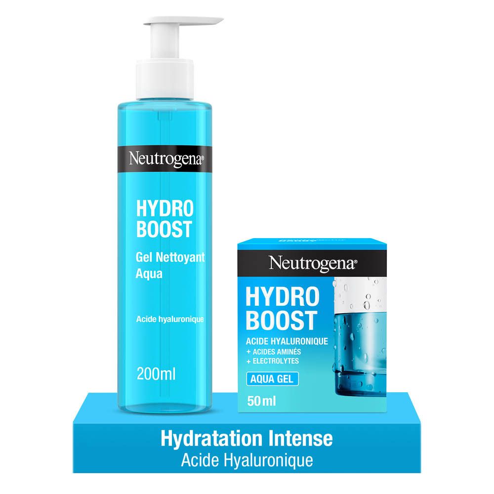 Deux flacons bleus et une boîte. Inscription : Neutrogena Hydro Boost Gel Nettoyant Aqua, 200ml et 50ml.