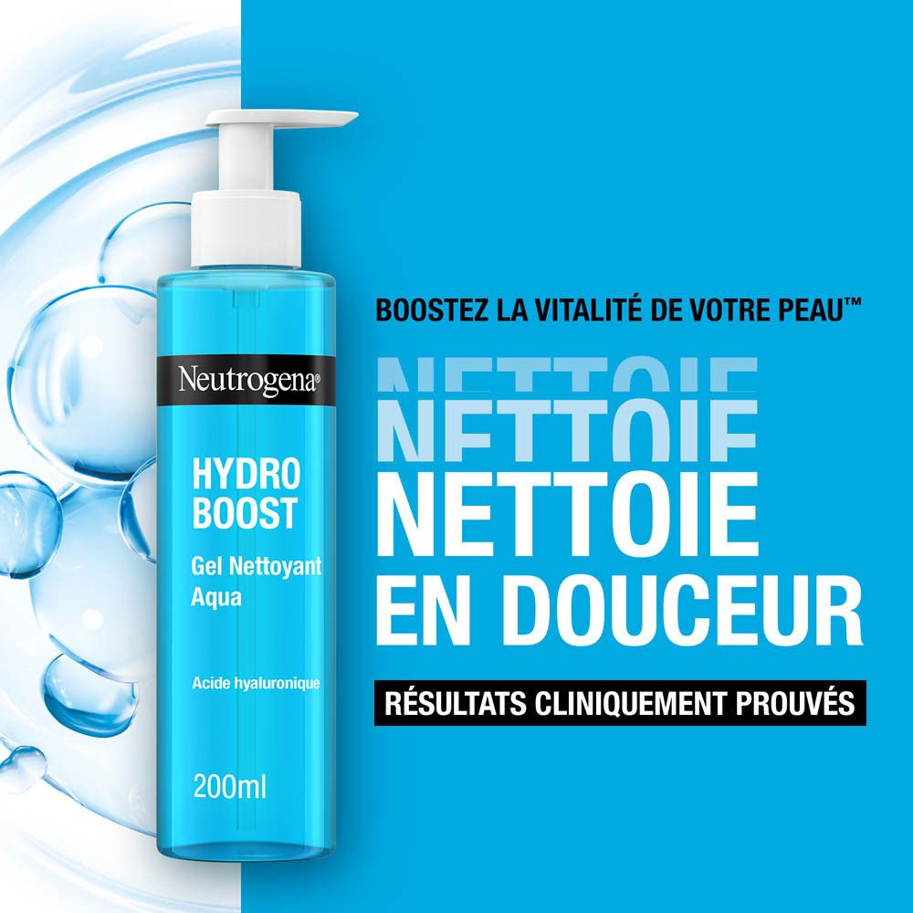 Flacon bleu avec pompe blanche. Inscription : Neutrogena Hydro Boost Gel Nettoyant Aqua, 200ml. Fond bleu.