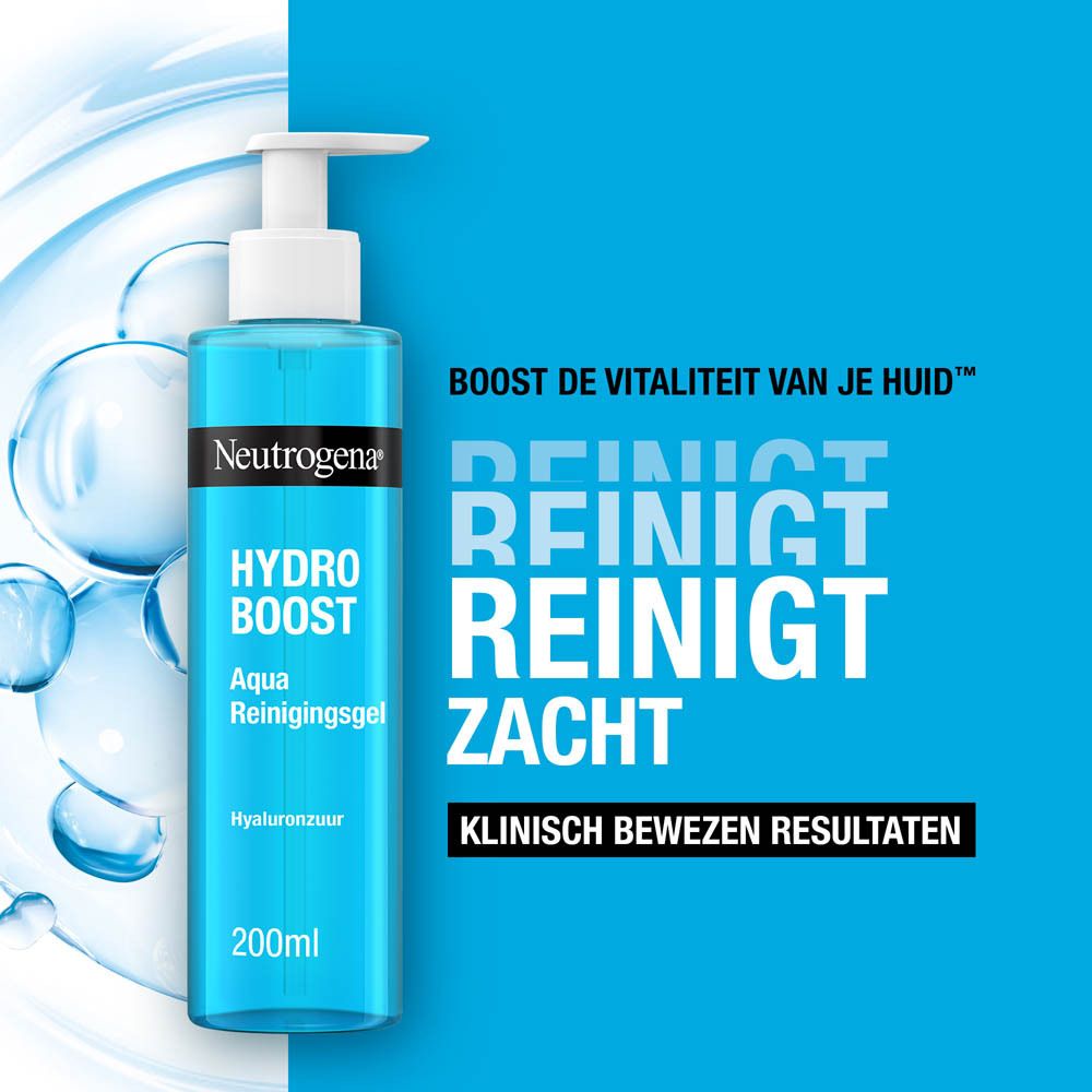 Blauwe fles met witte pomp. Opschrift: Neutrogena Hydro Boost Aqua Reinigingsgel, 200ml. Blauwe achtergrond.