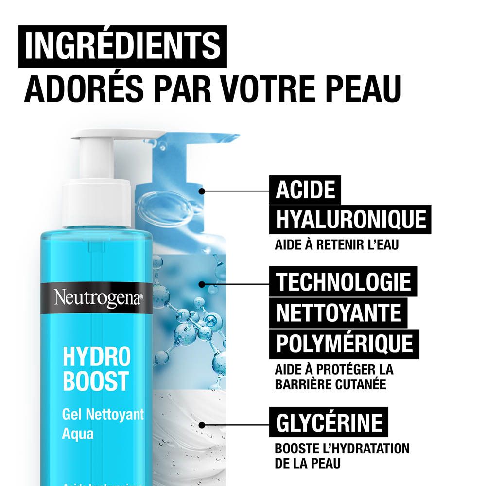 Deux flacons bleus. Inscription : Neutrogena Hydro Boost Gel Nettoyant Aqua. Ingrédients : acide hyaluronique, glycérine.