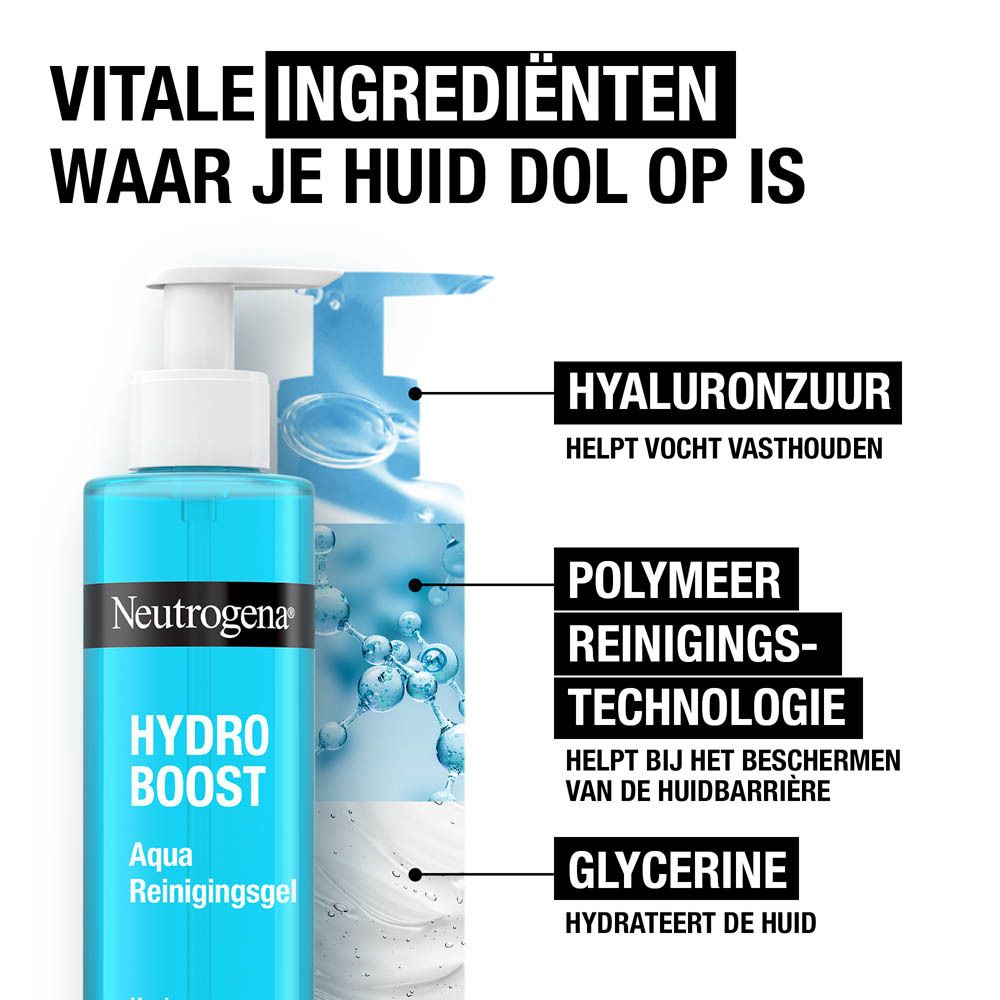Twee blauwe flessen. Opschrift: Neutrogena Hydro Boost Aqua Reinigingsgel. Ingrediënten: hyaluronzuur, glycerine.