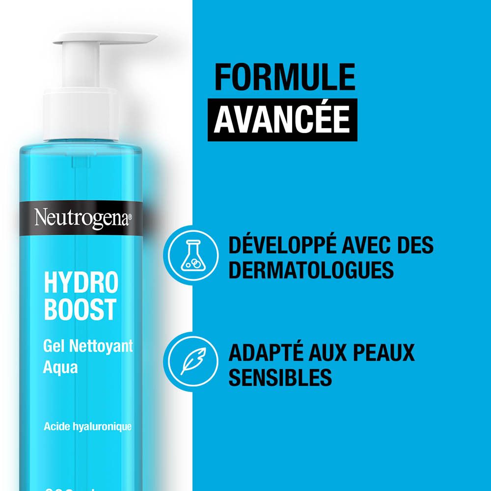 Flacon bleu avec pompe blanche. Inscription : Neutrogena Hydro Boost Gel Nettoyant Aqua, 200ml. Testé dermatologiquement.