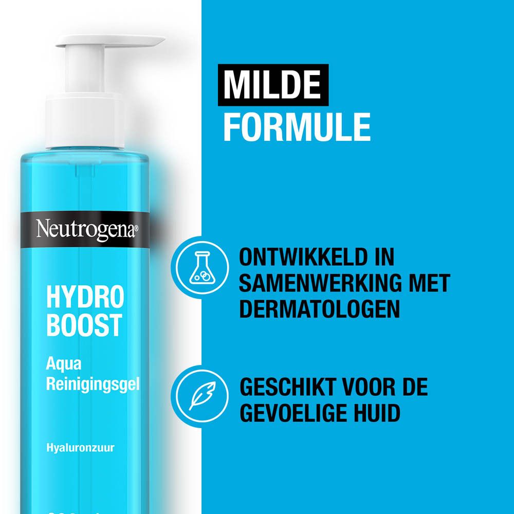 Blauwe fles met witte pomp. Opschrift: Neutrogena Hydro Boost Aqua Reinigingsgel, 200ml. Dermatologisch getest.